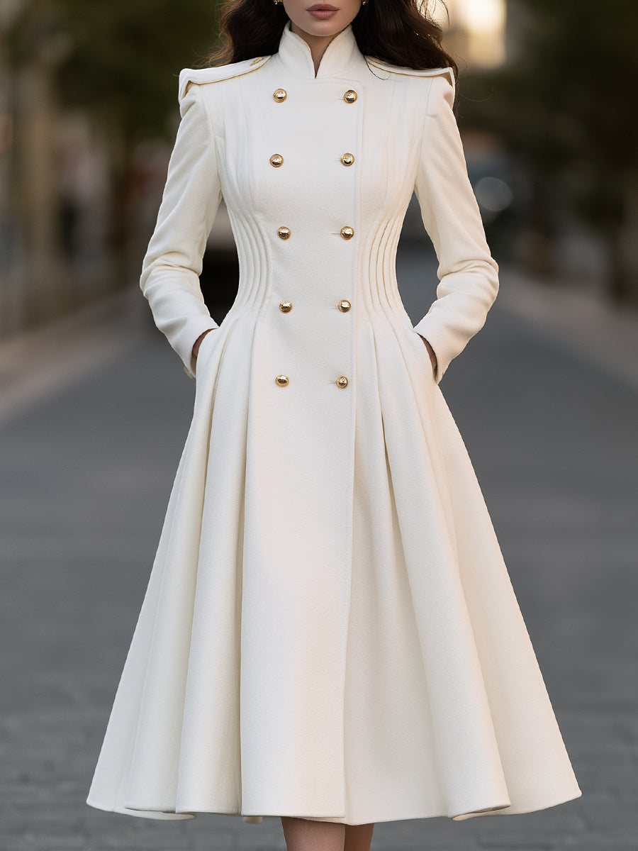 Zafren Ivory Gold Button Pleated Coat