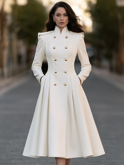 Zafren Ivory Gold Button Pleated Coat