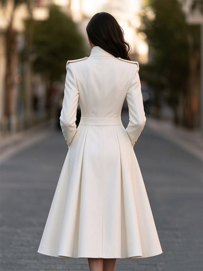 Zafren Ivory Gold Button Pleated Coat