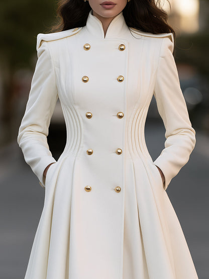 Zafren Ivory Gold Button Pleated Coat