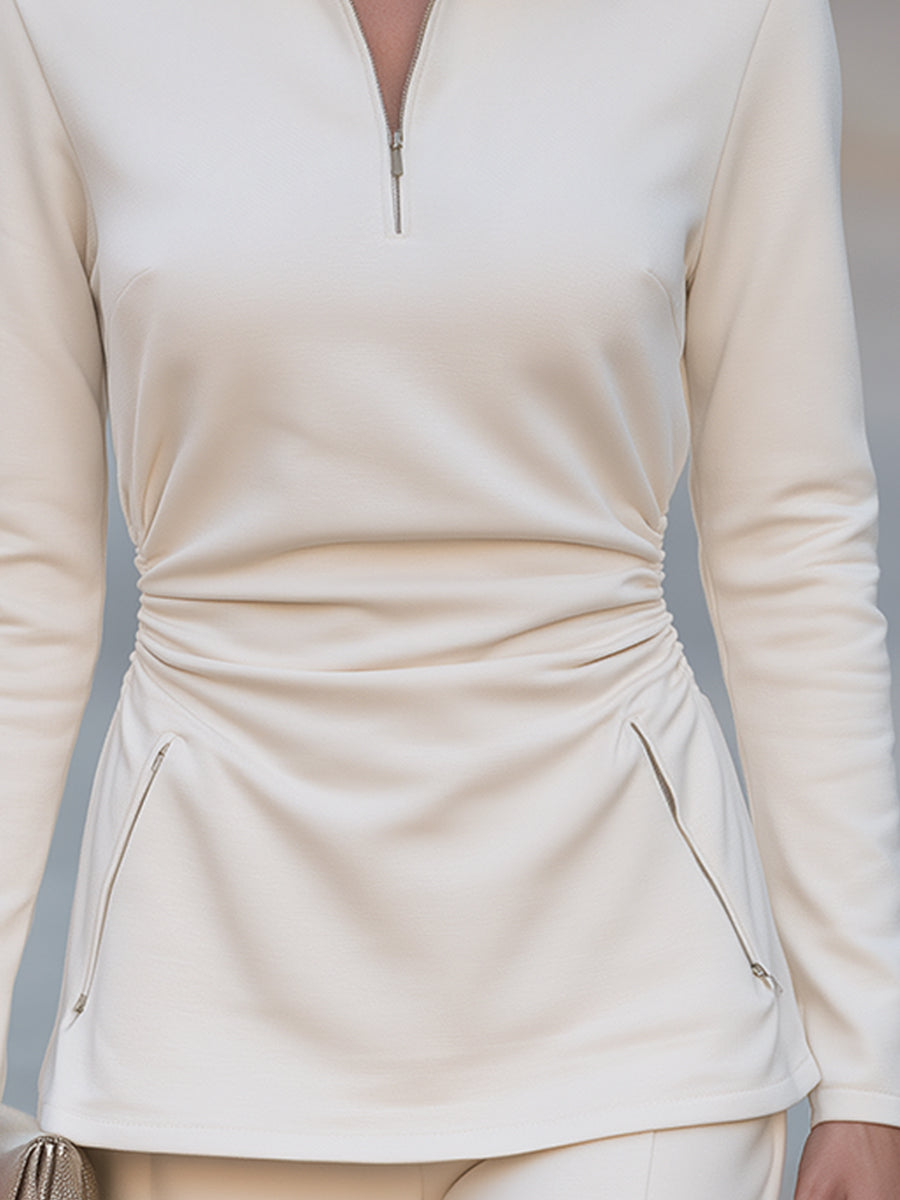 Pull-over Zafren ivoire à demi-zip et fronces