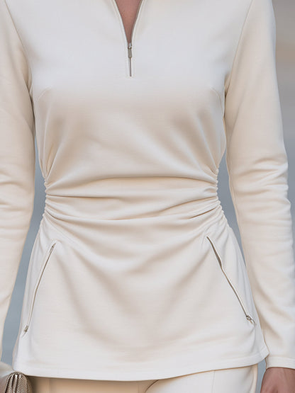 Pull-over Zafren ivoire à demi-zip et fronces