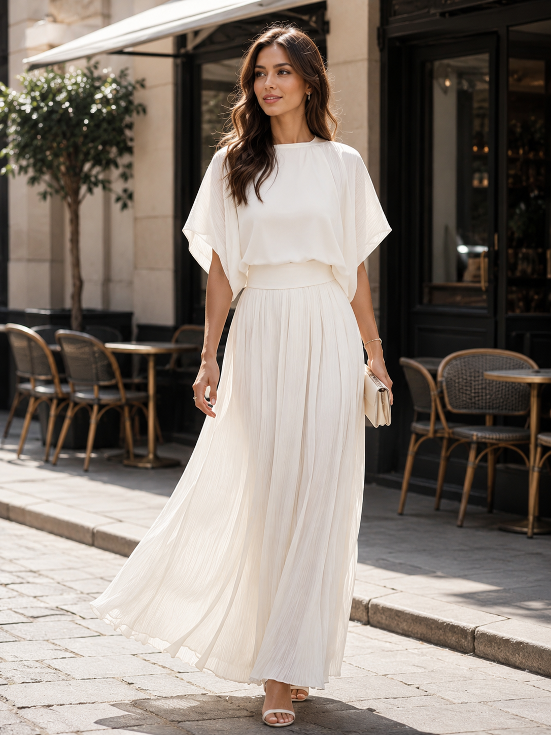 Conjunto de saia maxi plissada Zafren marfim