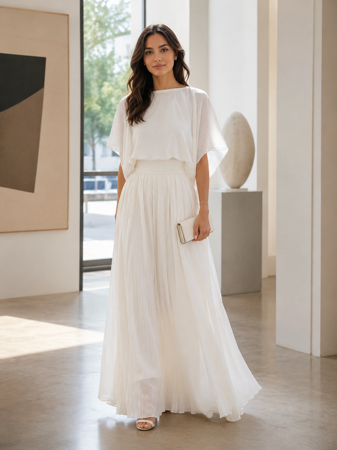 Conjunto de saia maxi plissada Zafren marfim