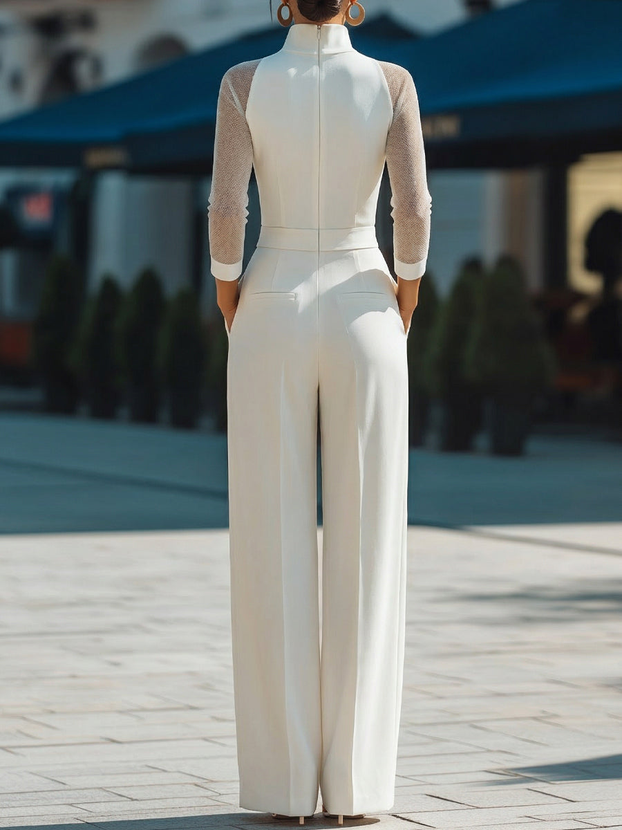 Zafren Jumpsuit in Elfenbein mit Rollkragen und transparenten Ärmeln