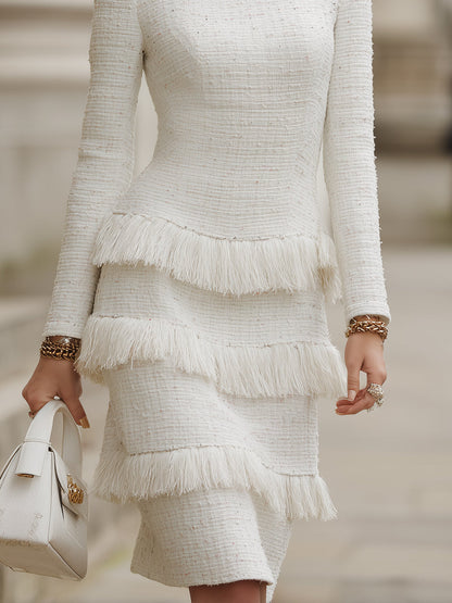 Zafren ivoorkleurige tweed midi-jurk met franjes