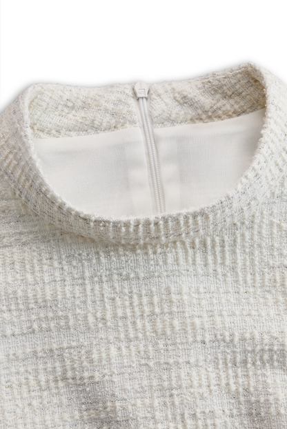 Zafren ivoorkleurige tweed midi-jurk met franjes