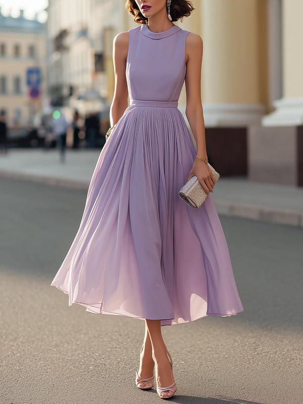 Vestido midi Zafren lavanda sin mangas plisado