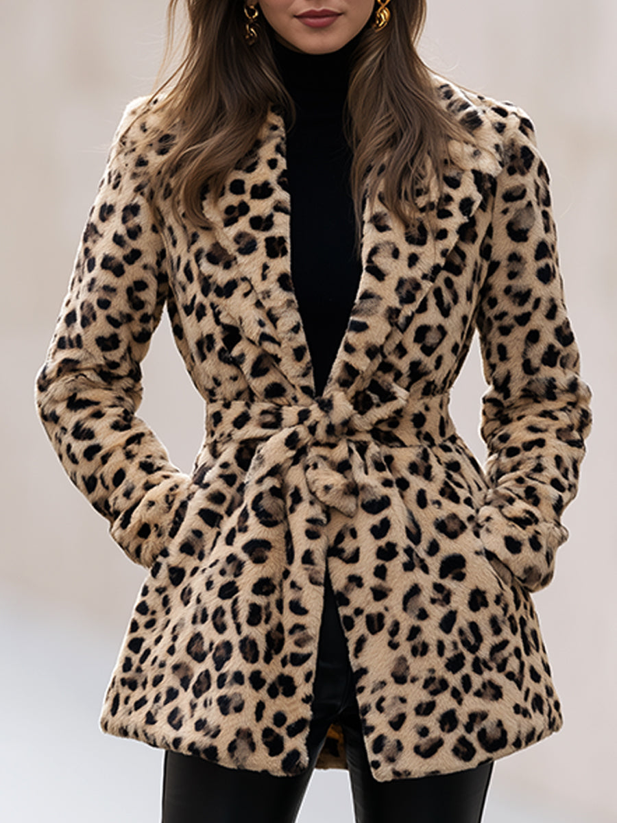 Zafren Jacke aus Kunstfell in Leopardenmuster mit Gürtel
