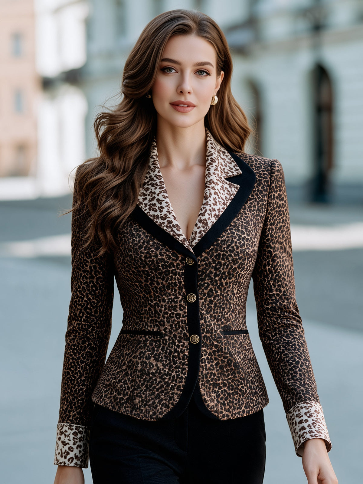 Zafren Leopard Print Contrast Lapel Blazer