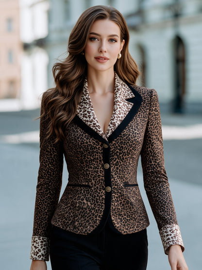 Zafren Leopard Print Contrast Lapel Blazer
