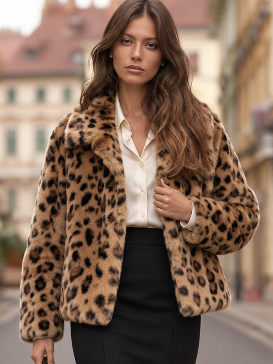 Zafren leopardo rašto dirbtinio kailio striukė