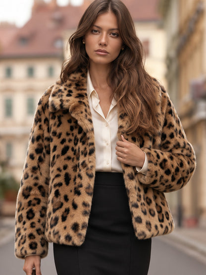 Zafren leopardo rašto dirbtinio kailio striukė