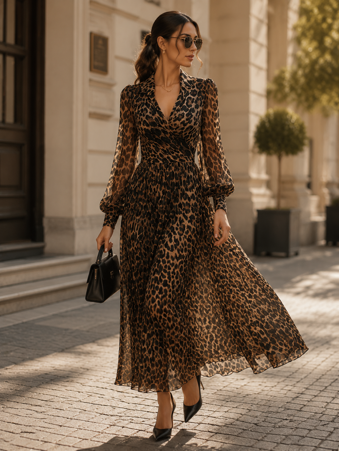 Vestido midi cruzado com padrão de leopardo Zafren