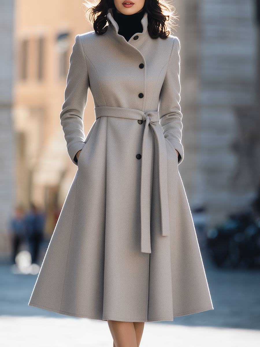 Palton Zafren midi gri deschis, cu cordon