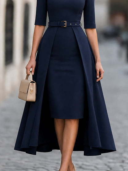 Zafren Navy Belted Overlay Midi Dress