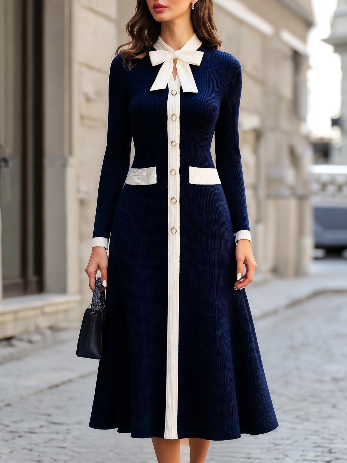 Zafren Navy Bow Collar Ribbed Dress