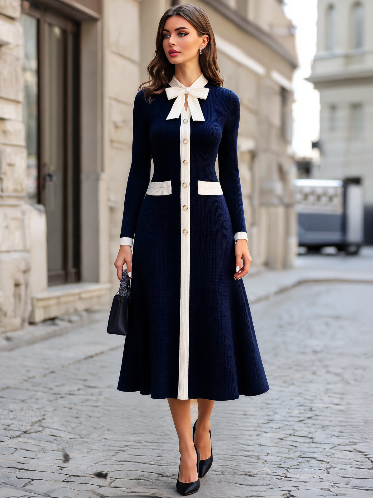 Zafren Navy Bow Collar Ribbed Dress