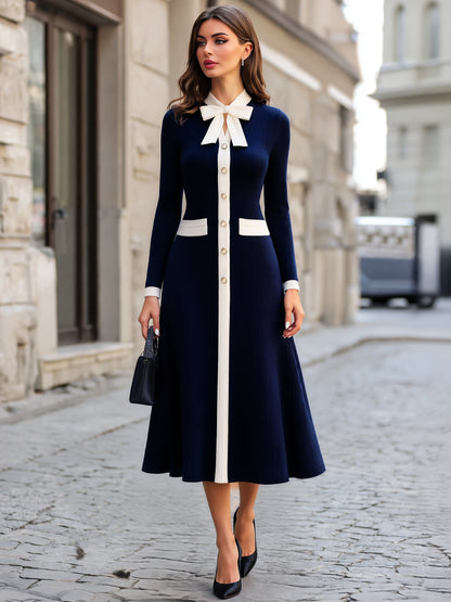 Zafren Navy Bow Collar Ribbed Dress