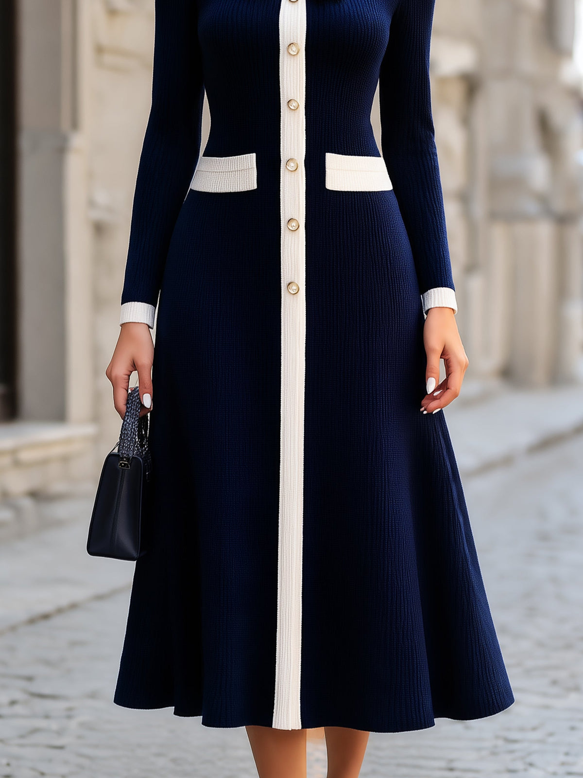 Zafren Navy Bow Collar Ribbed Dress