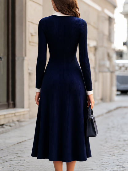 Zafren Navy Bow Collar Ribbed Dress