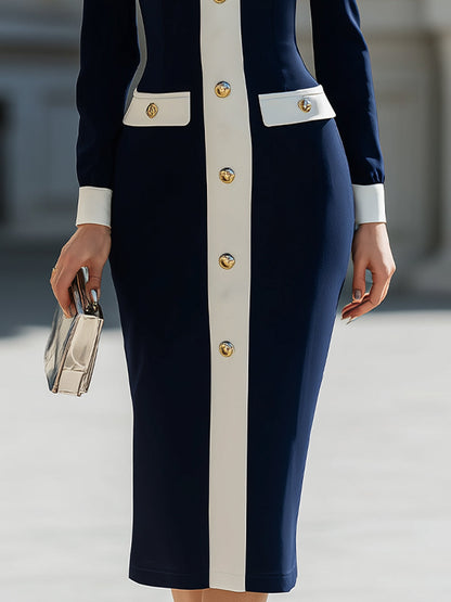 Zafren Navy Contrast Placket Shirt Dress