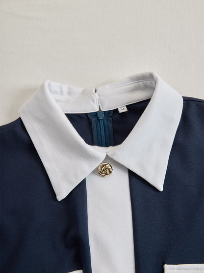 Zafren Navy Contrast Placket Shirt Dress