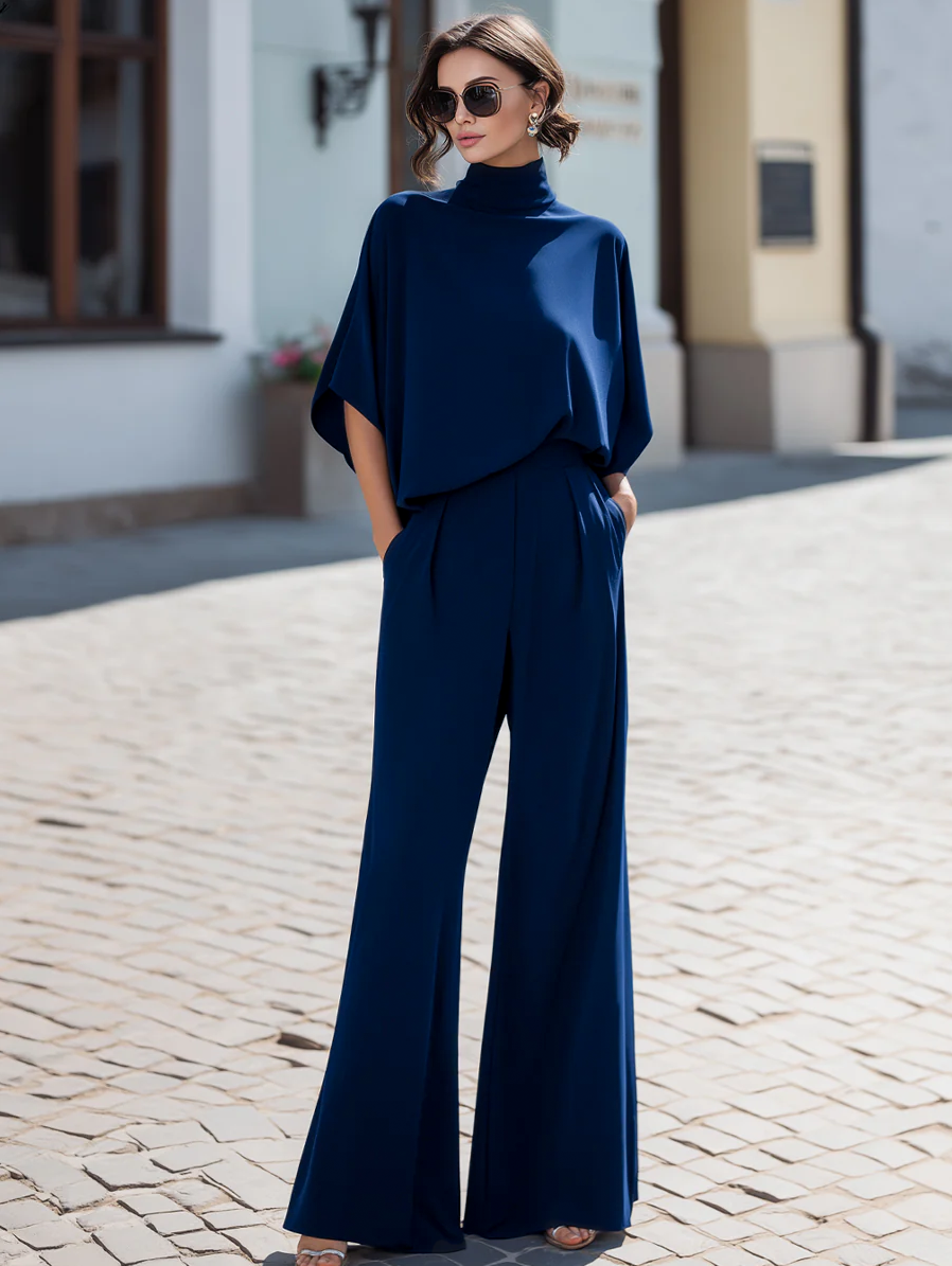 Zafren Navy Draped Batwing Pants Set