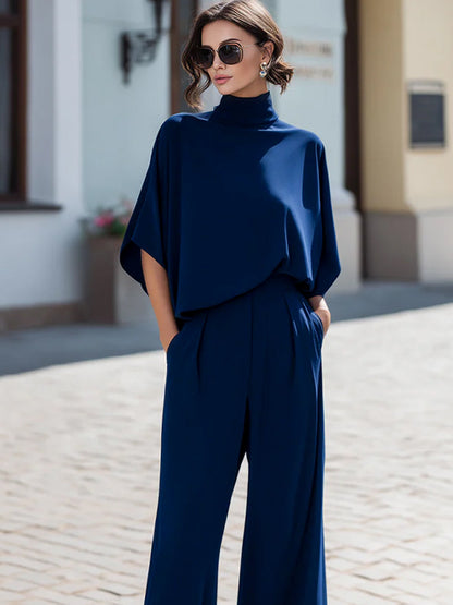 Zafren Navy Draped Batwing Pants Set