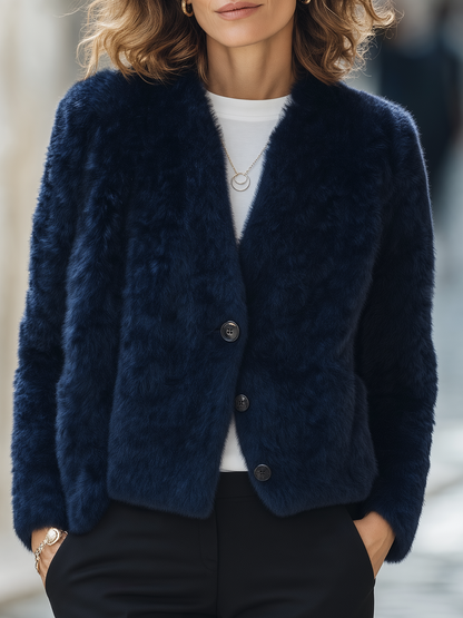 Giacca corta blu navy in pelliccia sintetica Zafren
