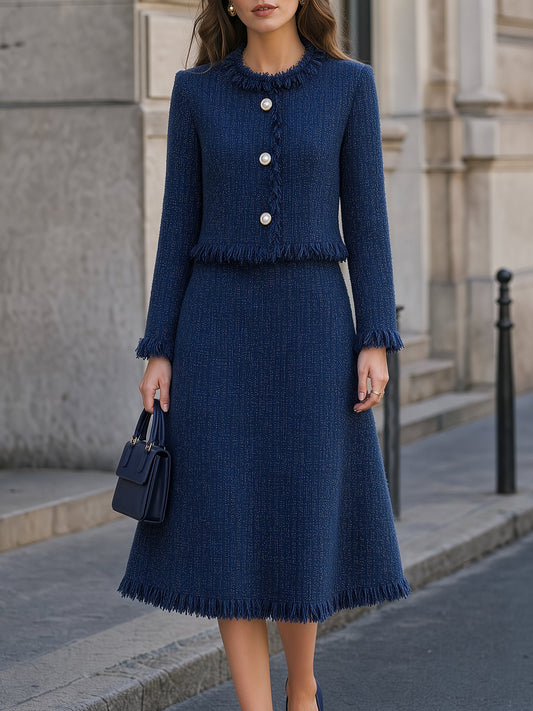 Conjunto Zafren azul-marinho em tweed com saia e franjas
