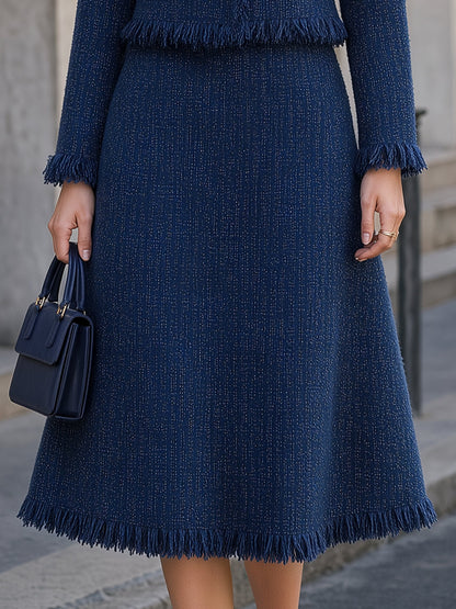Coordinato Zafren blu navy in tweed con frange e gonna