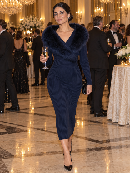 Zafren Navy Fur Collar Knit Dress