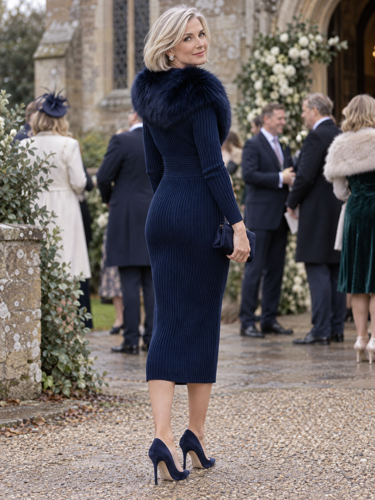 Zafren Navy Fur Collar Knit Dress
