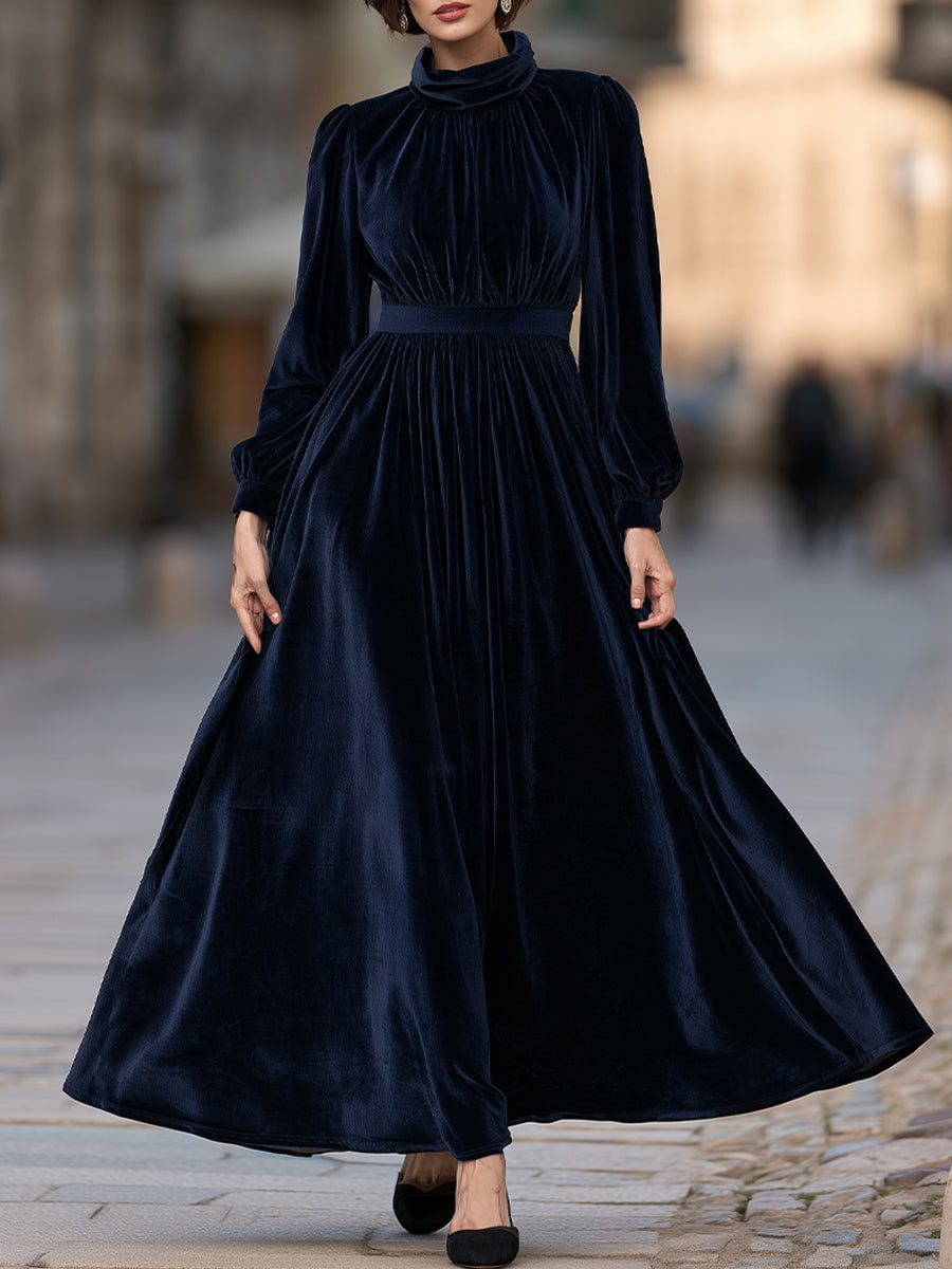 Zafren Navy High-Neck Velvet Maxi Dress