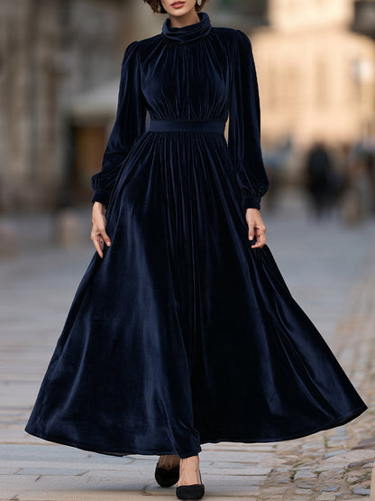 Zafren Navy High-Neck Velvet Maxi Dress