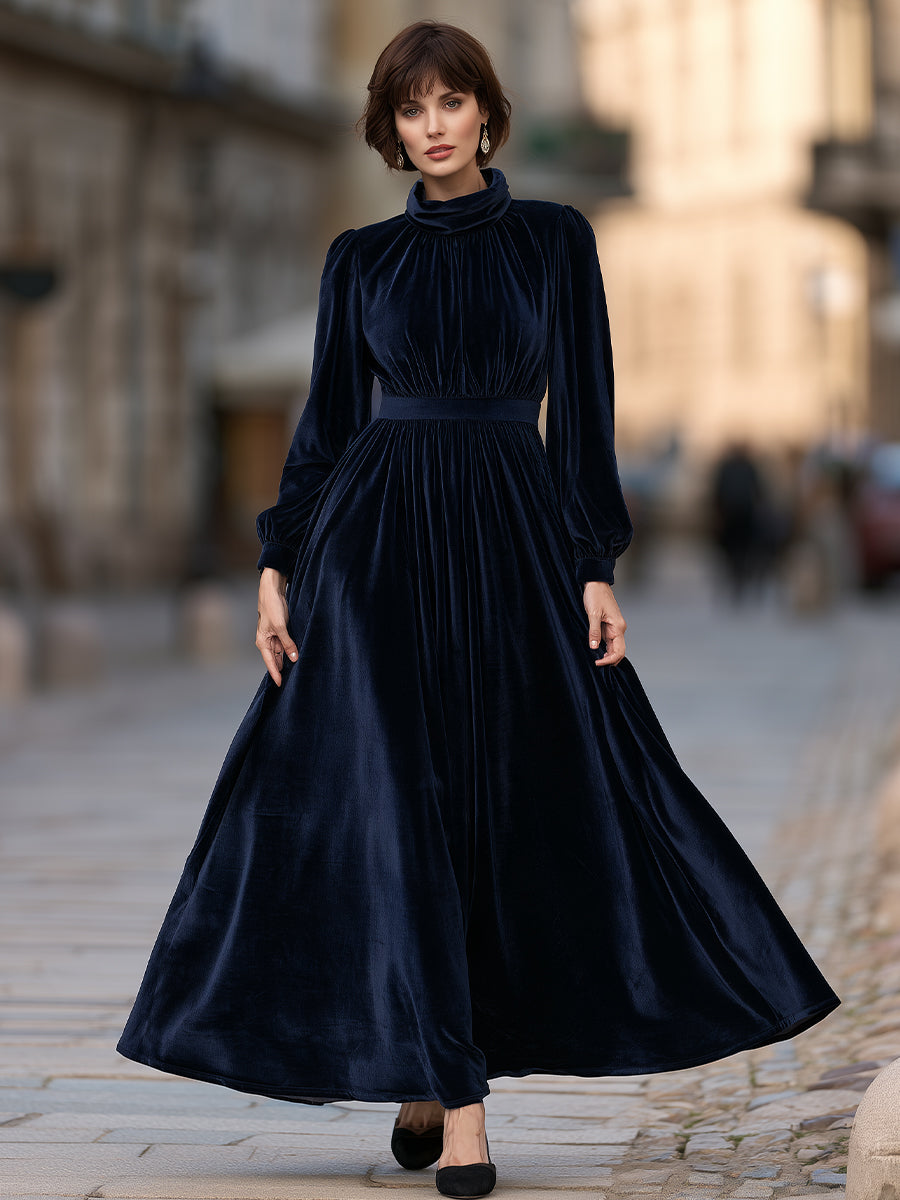 Zafren Navy High-Neck Velvet Maxi Dress