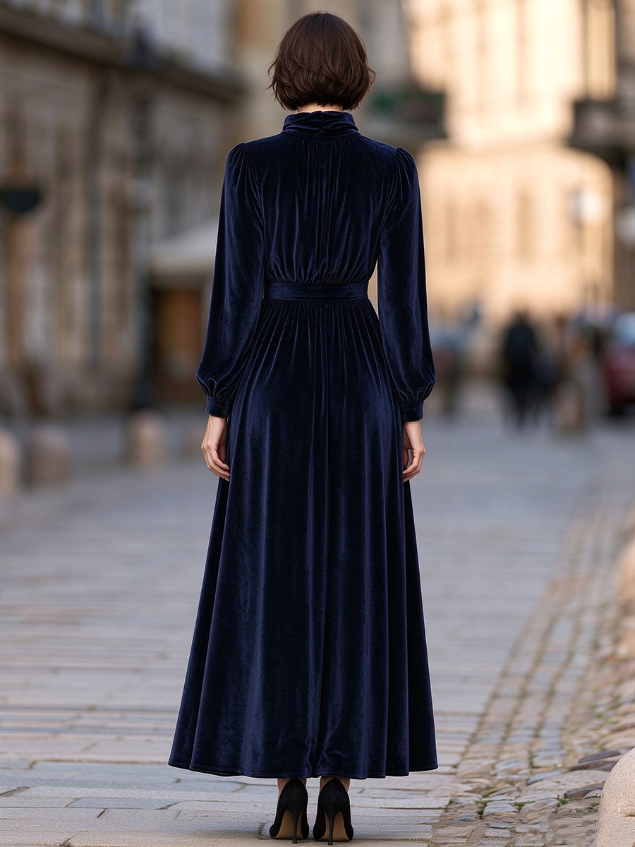 Zafren Navy High-Neck Velvet Maxi Dress