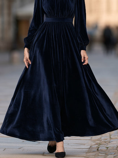 Zafren Navy High-Neck Velvet Maxi Dress