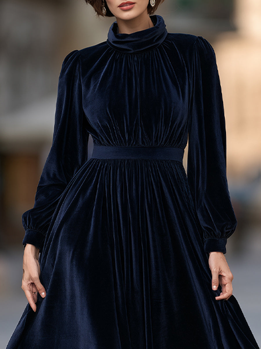 Zafren Navy High-Neck Velvet Maxi Dress