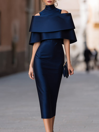 Rochie Zafren bleumarin cu umerii goi, din satin în straturi