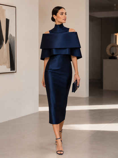 Rochie Zafren bleumarin cu umerii goi, din satin în straturi