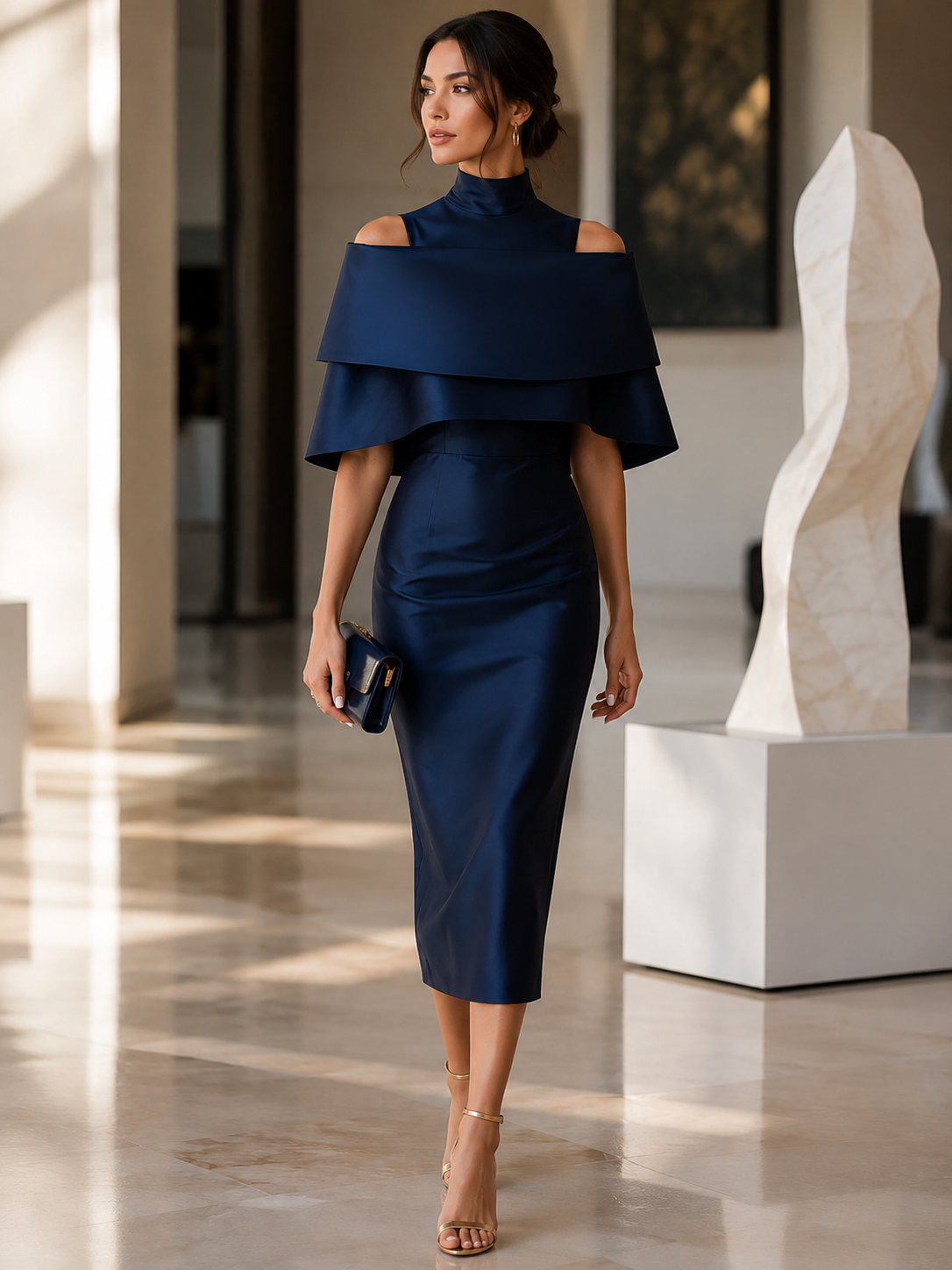 Rochie Zafren bleumarin cu umerii goi, din satin în straturi