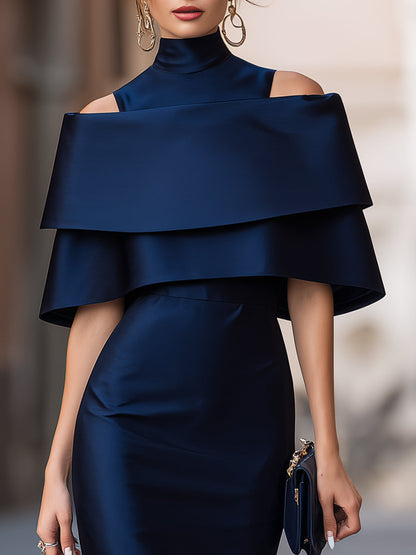 Rochie Zafren bleumarin cu umerii goi, din satin în straturi