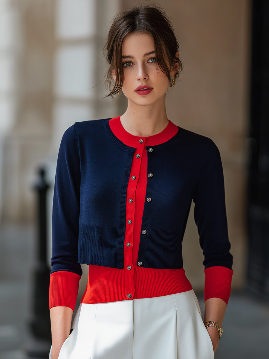 Cardigan Zafren bleumarin și roșu cu blocuri de culori