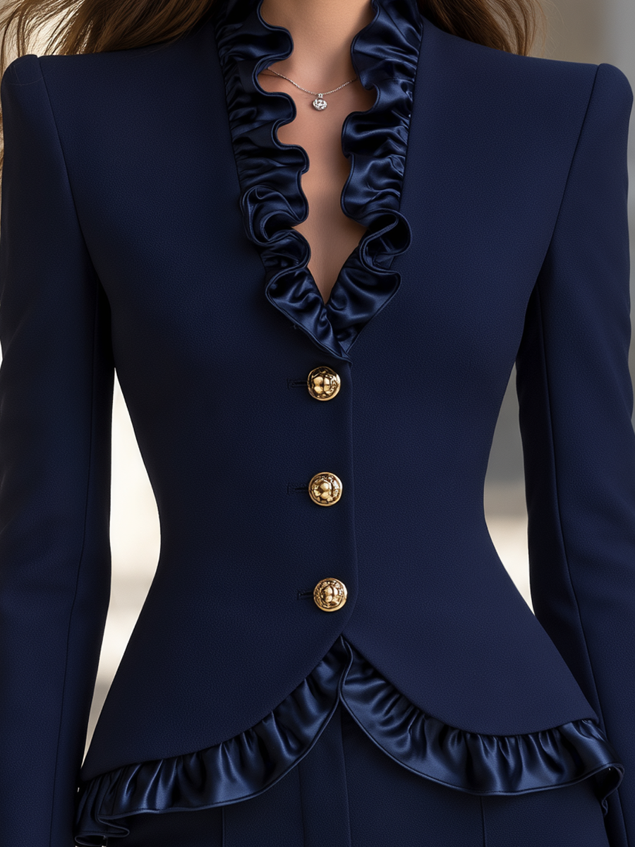 Zafren marineblauer Satin-Blazer mit Rüschen und Schößchen