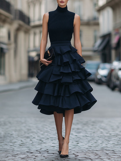 Zafren Navy Tiered Ruffle Sleeveless Dress