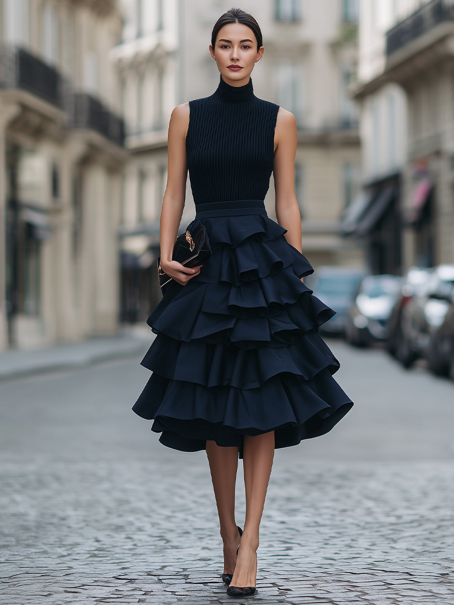 Zafren Navy Tiered Ruffle Sleeveless Dress