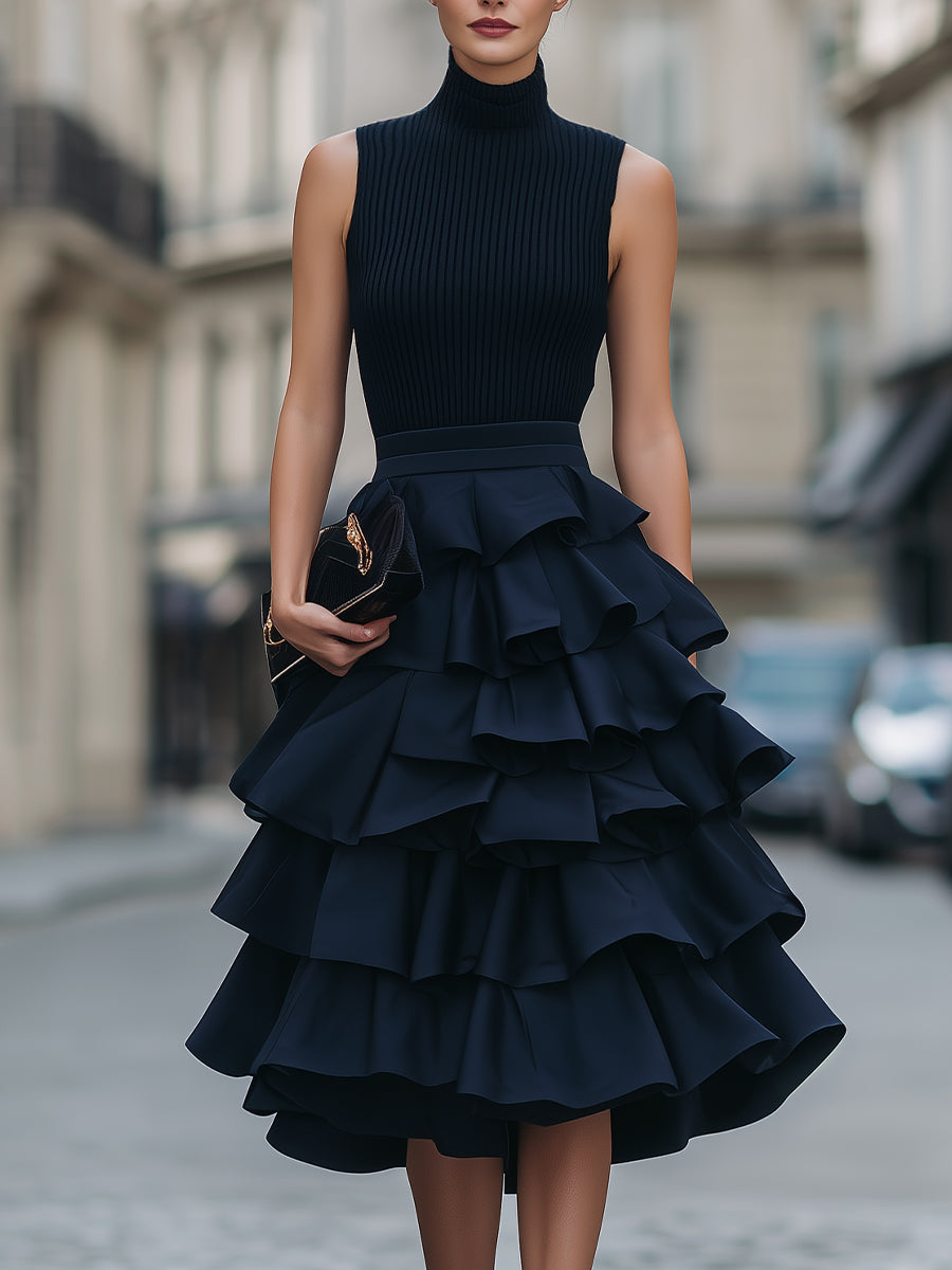 Zafren Navy Tiered Ruffle Sleeveless Dress