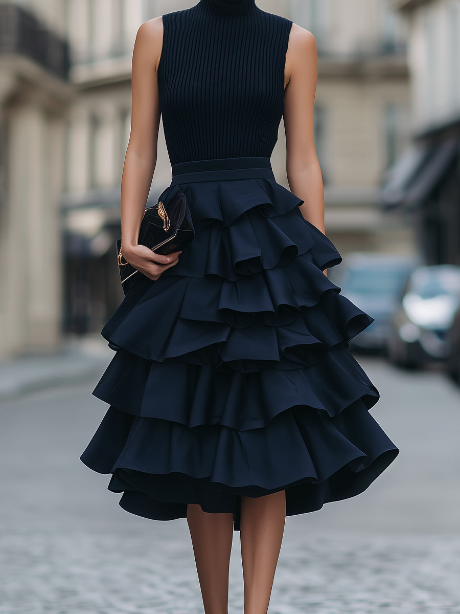 Zafren Navy Tiered Ruffle Sleeveless Dress